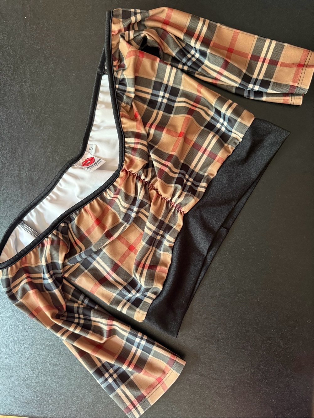 Sugarpuss Plaid Off-Shoulder Crop Top in Tan and Black